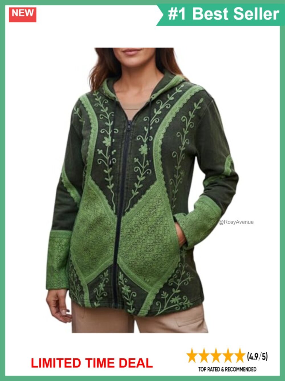 Bohemian Rib Knit Cotton Zip Up Hoodie Women Embroidered Jacket